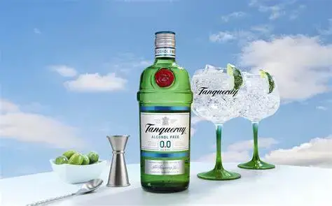 Chai rượu Gin Tanqueray đặt trên bàn xung quanh là 2 ly rượu và gia vị