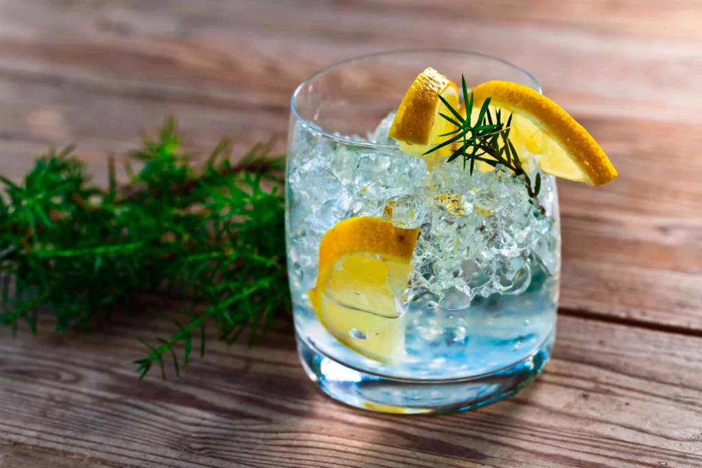 Cốc rượu Gin Tonic đặt trên bàn, có lá xanh phía sau